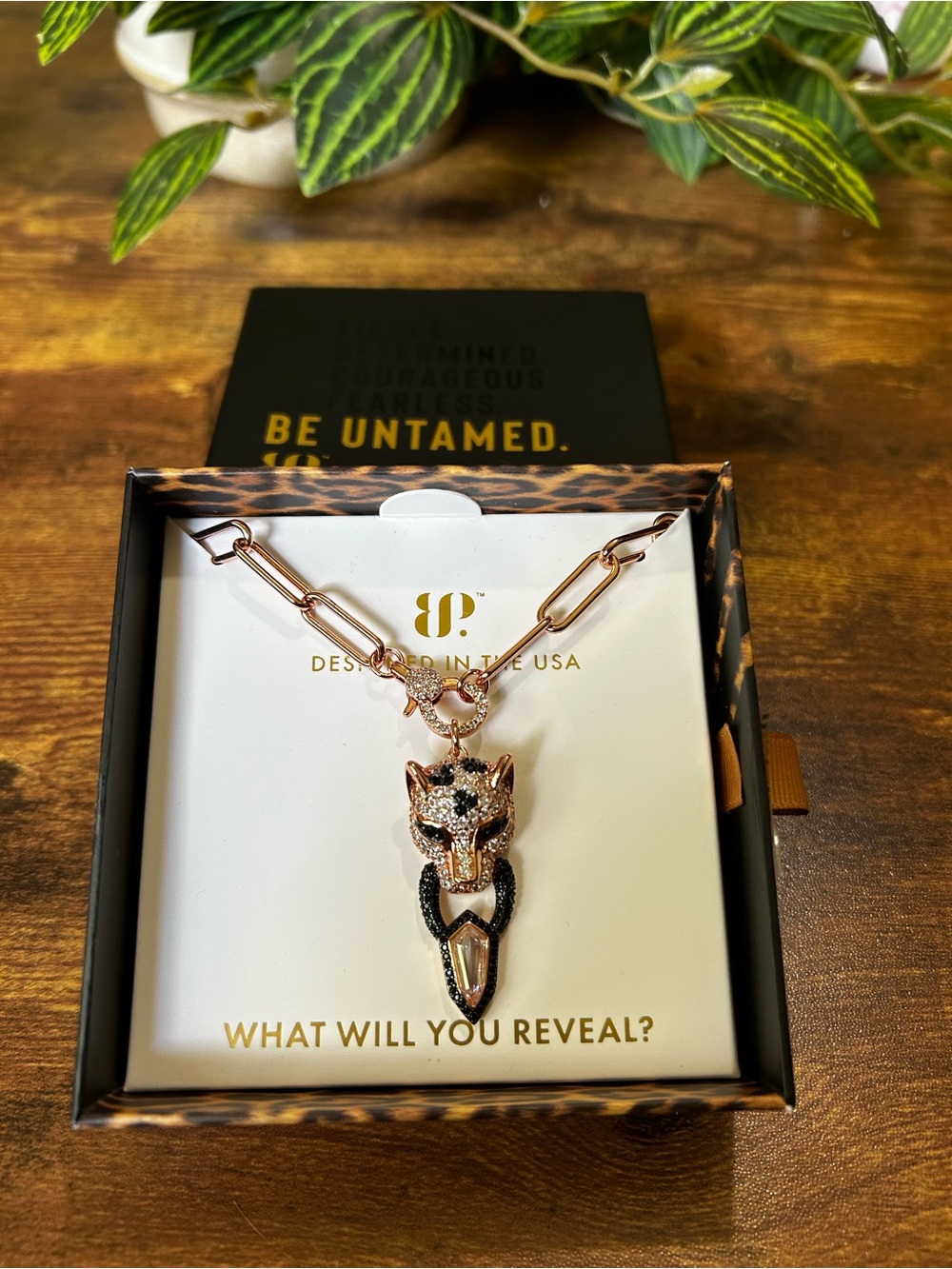 Bomb Party Untamed “Silent Roar” Rose Gold & Hematite Leopard Necklace